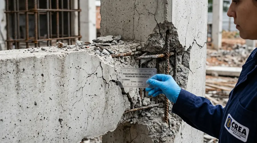 Perito em engenharia civil do CREA utilizando fissurômetro de precisão para medir abertura de rachadura em nó de concreto pré-moldado fraturado