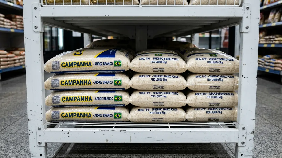 Foto fotorrealista de fardos de arroz de 5 kg empilhados de forma organizada e estável na bandeja da base inferior de uma gôndola comercial branca de aço robusto.