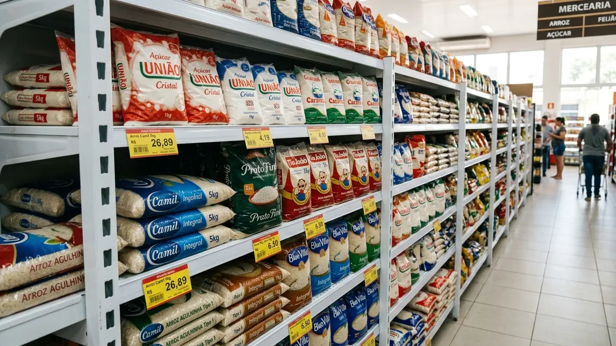 Corredor de mercearia seca em um grande supermercado de Três Lagoas MS, mostrando gôndolas de aço brancas repletas de pacotes de arroz e feijão perfeitamente organizados com etiquetas de preços visíveis.