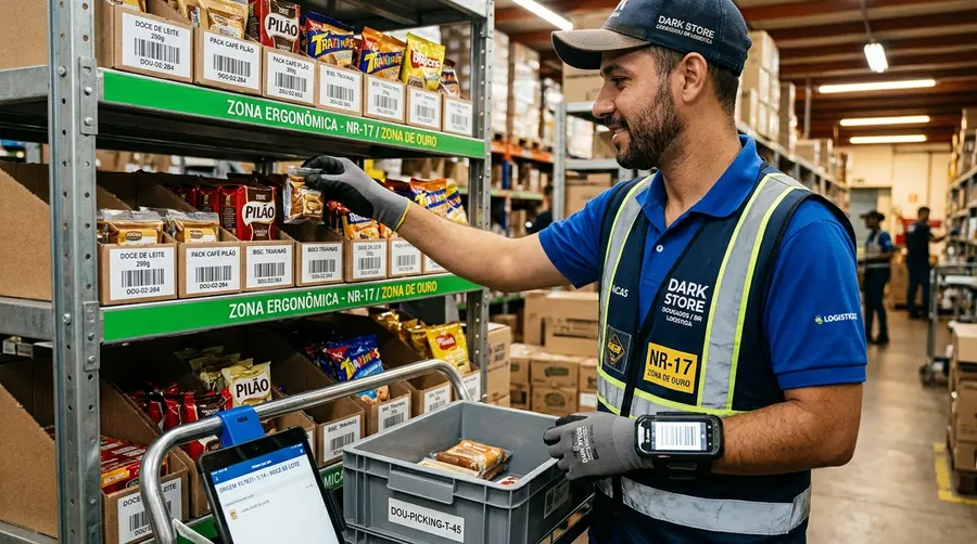 Operador logístico efetuando separação de produtos e-commerce na zona ergonômica de ouro NR-17 em mini porta-paletes em Dourados MS