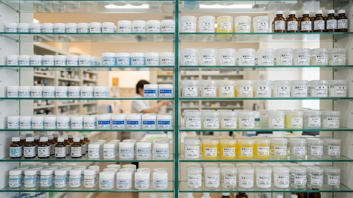 Prateleiras de vidro temperado fixadas por suportes cromados em colunas de aço, exibindo produtos de cosméticos perfeitamente ordenados.