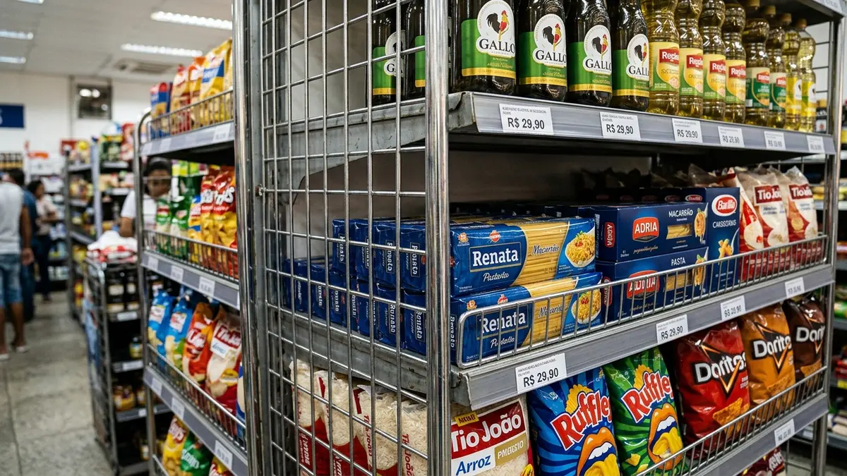 Agente sanitário inspecionando a organização e o selo de limpeza de prateleiras metálicas de medicamentos em uma drogaria farmacêutica.
