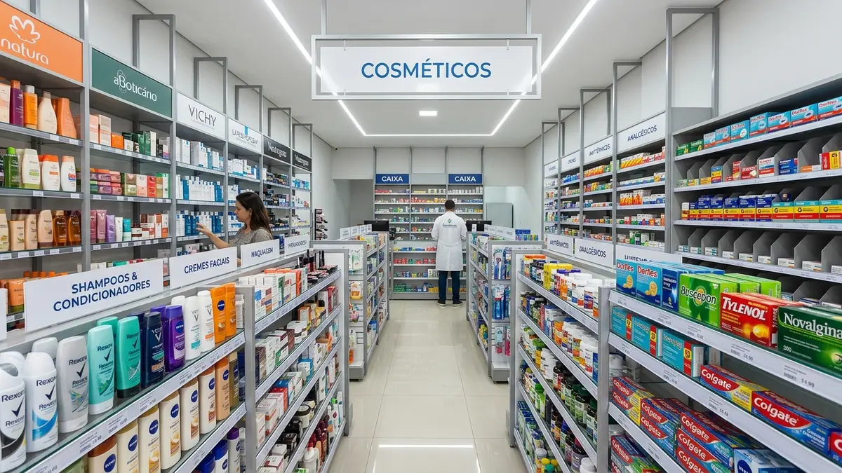 Interior moderno de uma grande farmácia de autoatendimento in Ponta Porã MS, destacando prateleiras organizadas de perfumaria e iluminação focada.