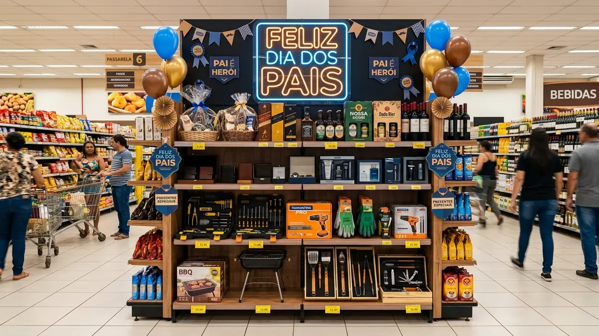Ponta de gôndola temática lindamente decorada para o Dia dos Pais em um supermercado de Campo Grande MS.