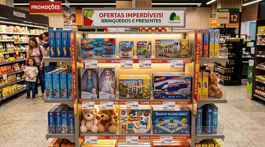 Ponta de gôndola promocional com brinquedos infantis iluminada com réguas de LED em supermercado de Mato Grosso do Sul