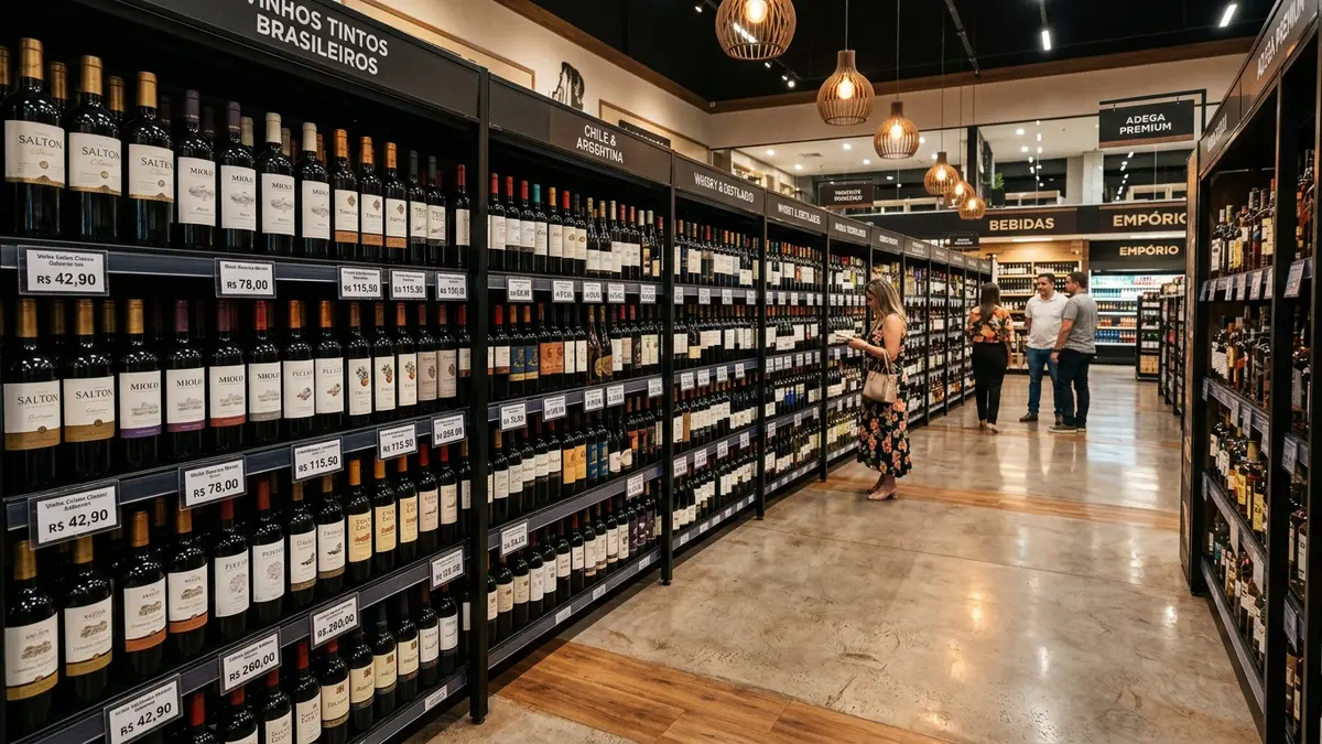 Corredor amplo de bebidas finas em um supermercado no MS, com gôndolas de aço pretas robustas carregadas de garrafas de vinho organizadas e letreiros de preços limpos.