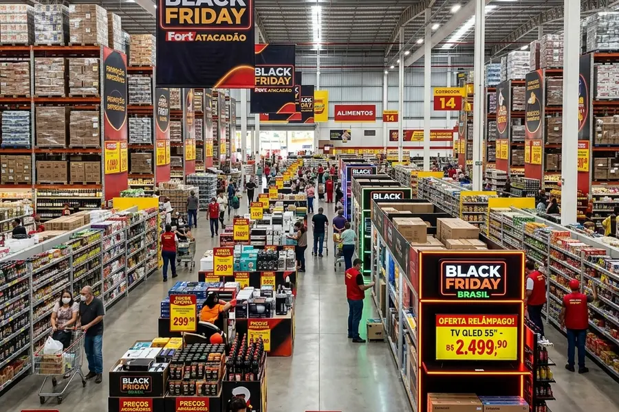 Corredor central de atacarejo em Campo Grande MS preparado para a Black Friday 2026 com gôndolas de alta carga e estrutura porta-paletes reforçada