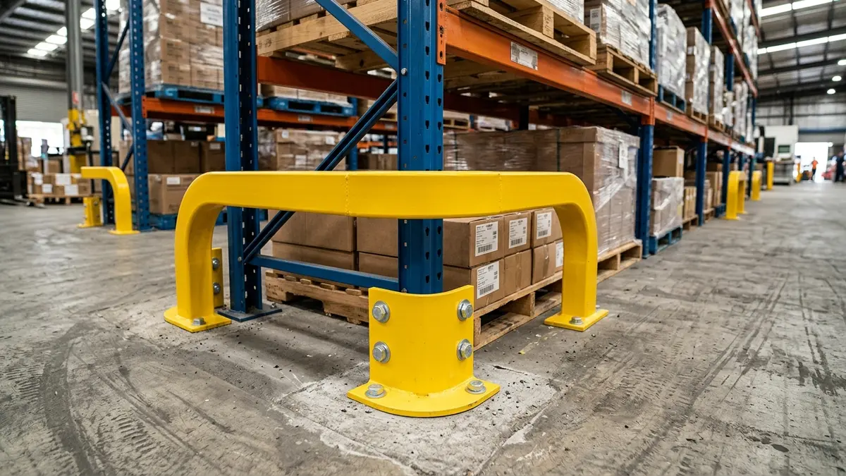 Protetor de coluna amarelo robusto de aço de alta visibilidade fixado de forma independente no piso de concreto por parabolts grossos.