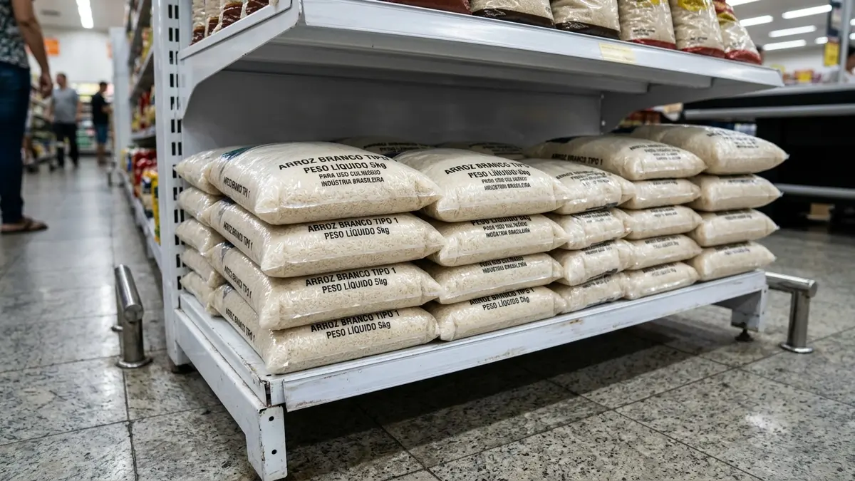 Repositores organizando fardos de alimentos nas prateleiras inferiores de aço estrutural de alta resistência sob supervisão técnica.