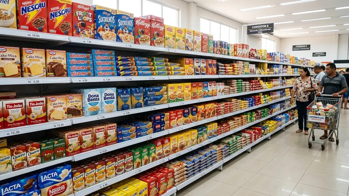 Gôndolas de aço brancas em uma mercearia em Dourados MS, carregadas de mercadorias ensacadas pesadas dispostas perfeitamente nas bandejas inferiores.