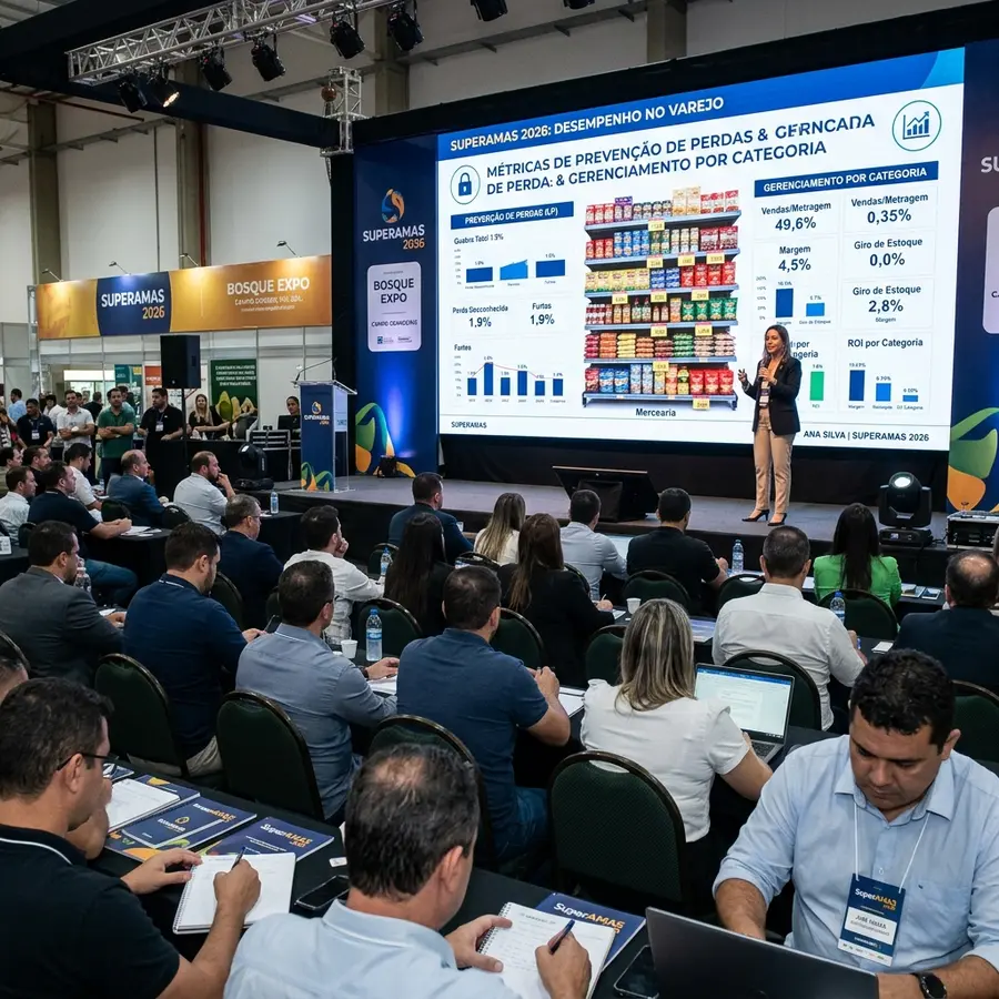 Palestras e auditórios lotados no segundo dia da SuperAMAS 2026 no Bosque Expo em Campo Grande MS destacando prevenção de perdas em gôndolas