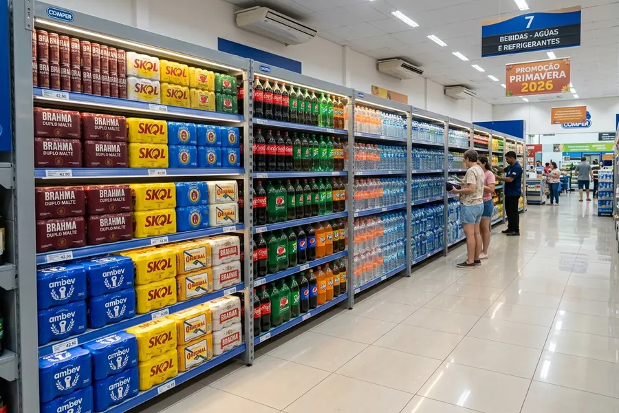 Corredor de bebidas reforçado de supermercado em Campo Grande MS com gôndolas de aço repletas de fardos de cervejas e refrigerantes com iluminação LED