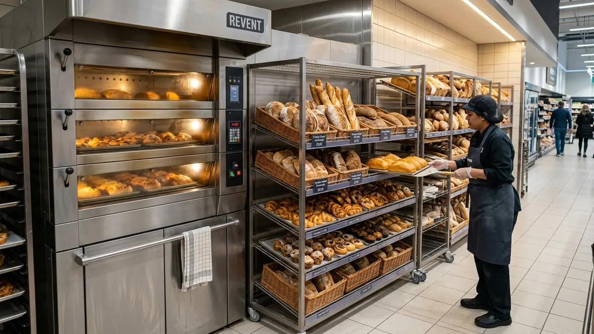 Forno industrial de padaria e prateleiras de inox com pães e insumos em supermercado de Campo Grande MS.