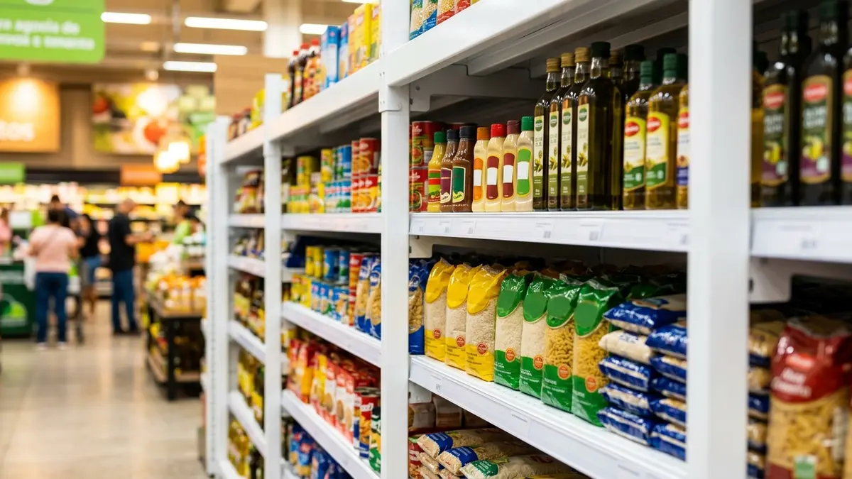 Close-up de gôndola metálica com pintura epóxi branca impecável e produtos organizados no salão.