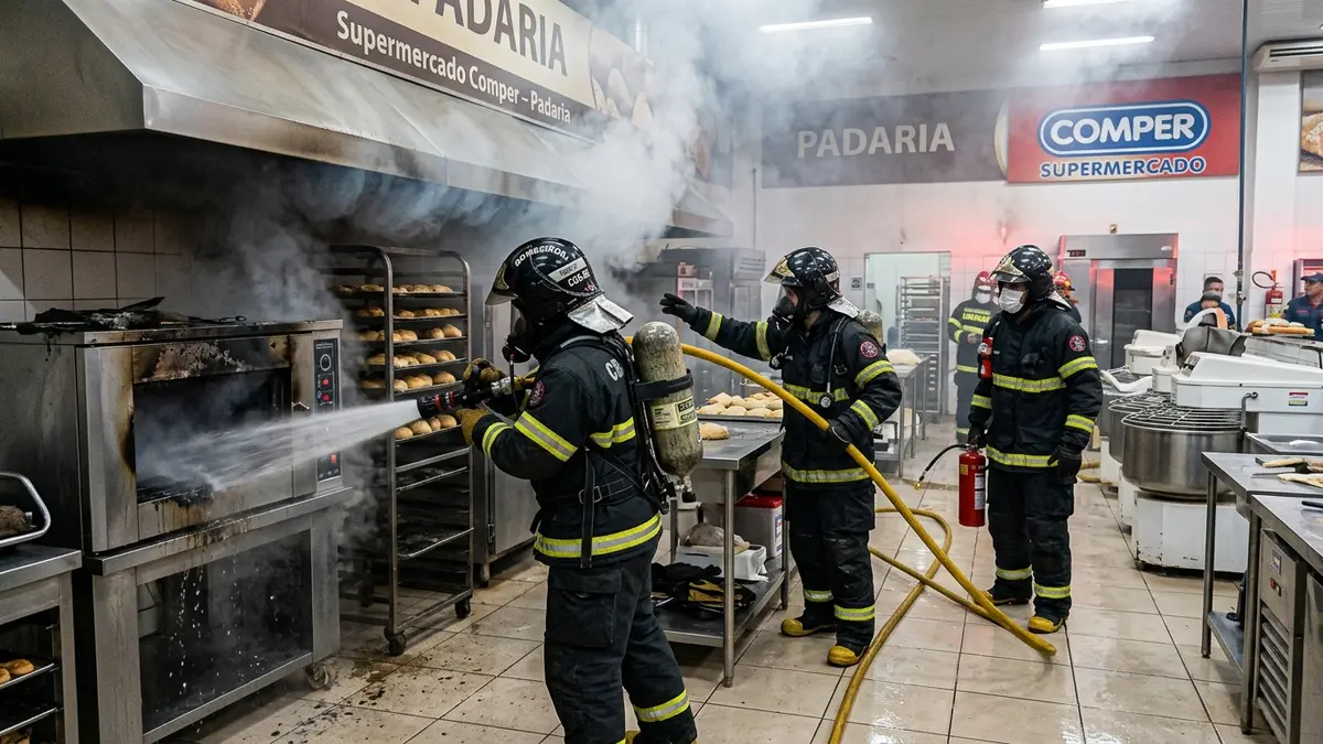 Bombeiros com roupas especiais de combate a incêndio apagando fumaça de forno na padaria de supermercado em Campo Grande MS.