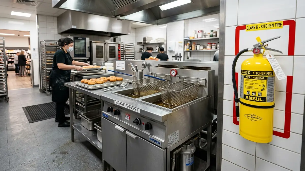 Cozinha comercial de panificação limpa mostrando fritadeira industrial de inox e extintor de incêndio amarelo especial classe K.