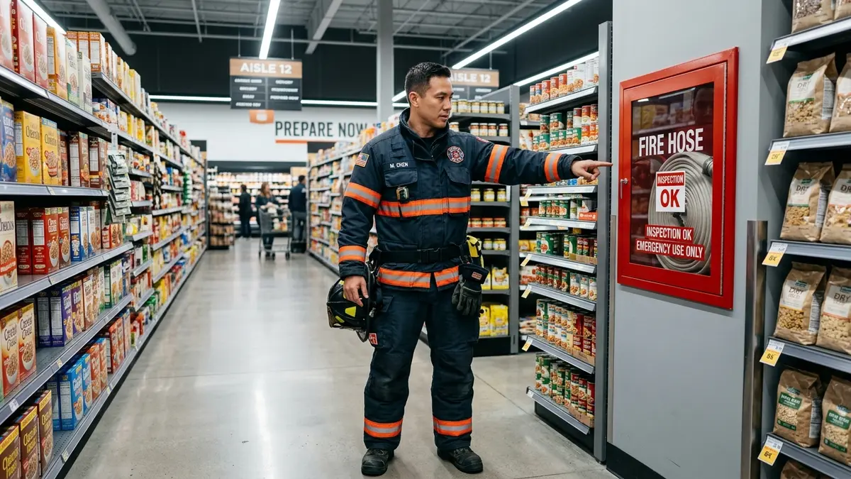 Bombeiro no salão de compras apontando para caixa vermelha de mangueira de incêndio instalada na coluna ao lado de gôndolas de aço.