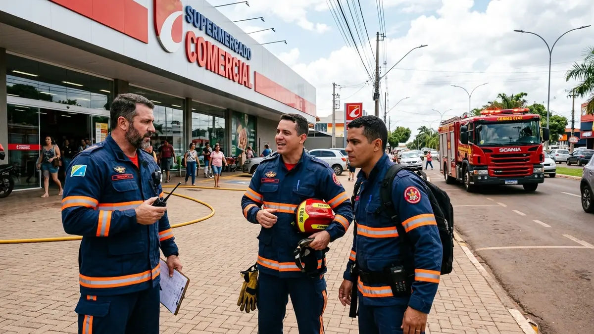 Bombeiros militares reais em uniformes escuros conversando do lado de fora do supermercado em Campo Grande MS, com caminhão vermelho ao fundo.