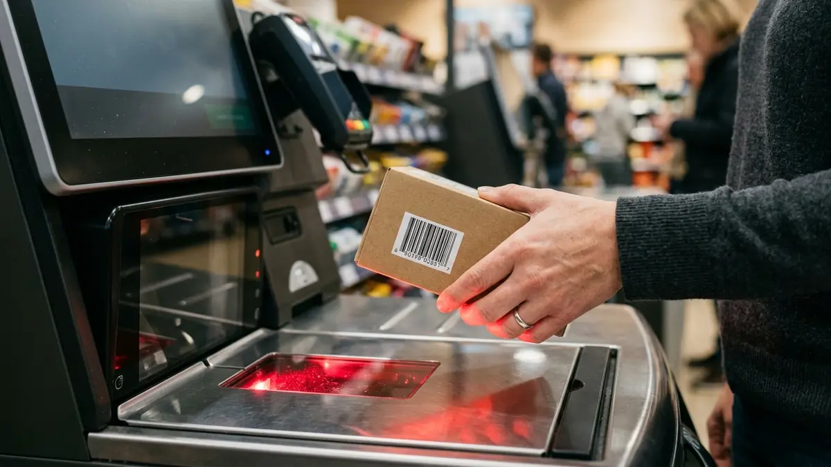 Cliente operando tela de self-checkout em caixa de autoatendimento bem iluminado com calhas suspensas, segurando sacola reciclável.