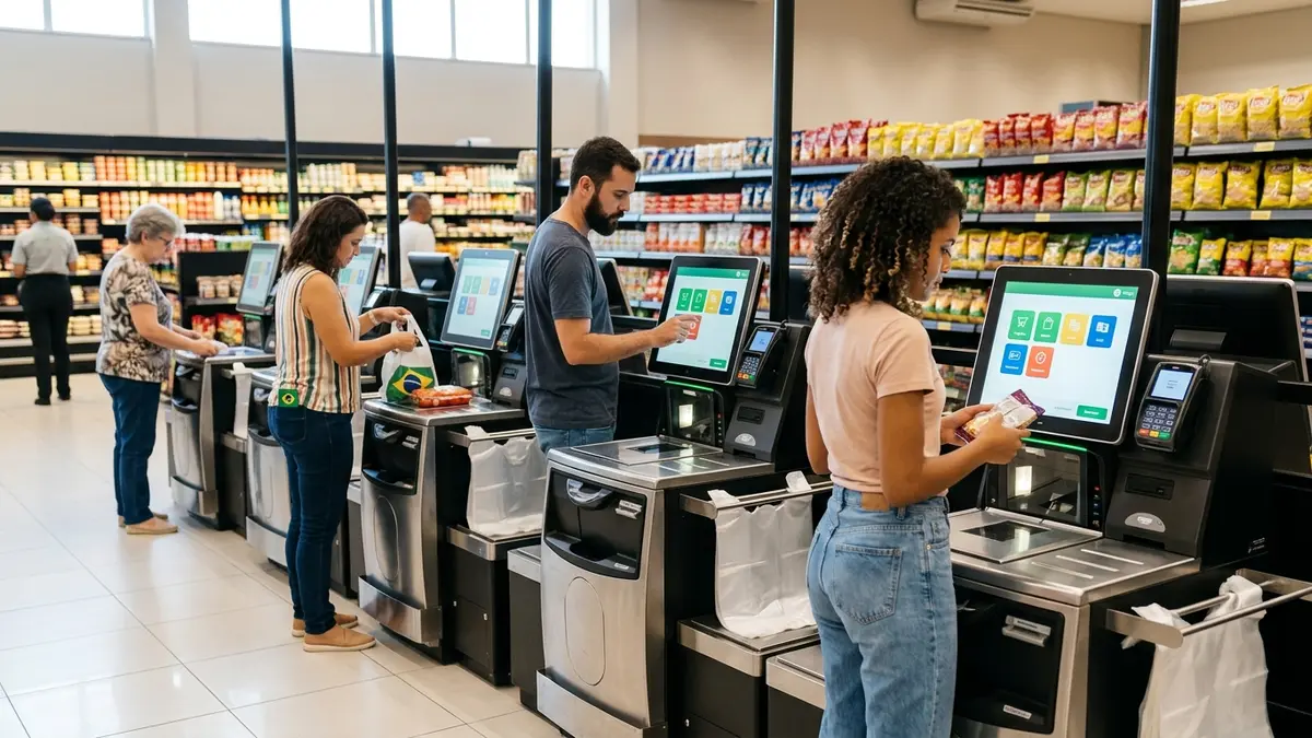 Área de autoatendimento moderna de supermercado em Dourados, com telas de self-checkout e gôndolas organizadas de produtos por impulso.