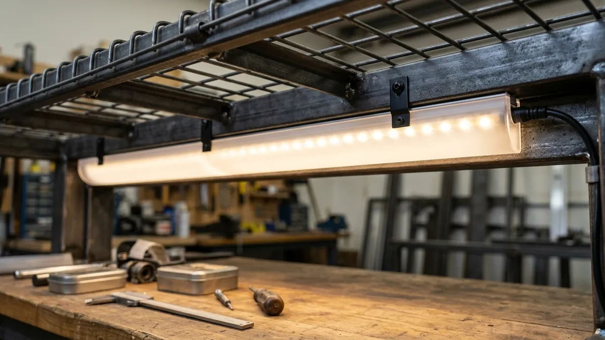 Detalhe técnico de perfil de alumínio com fita LED e difusor acrílico instalado abaixo da prateleira de aço.