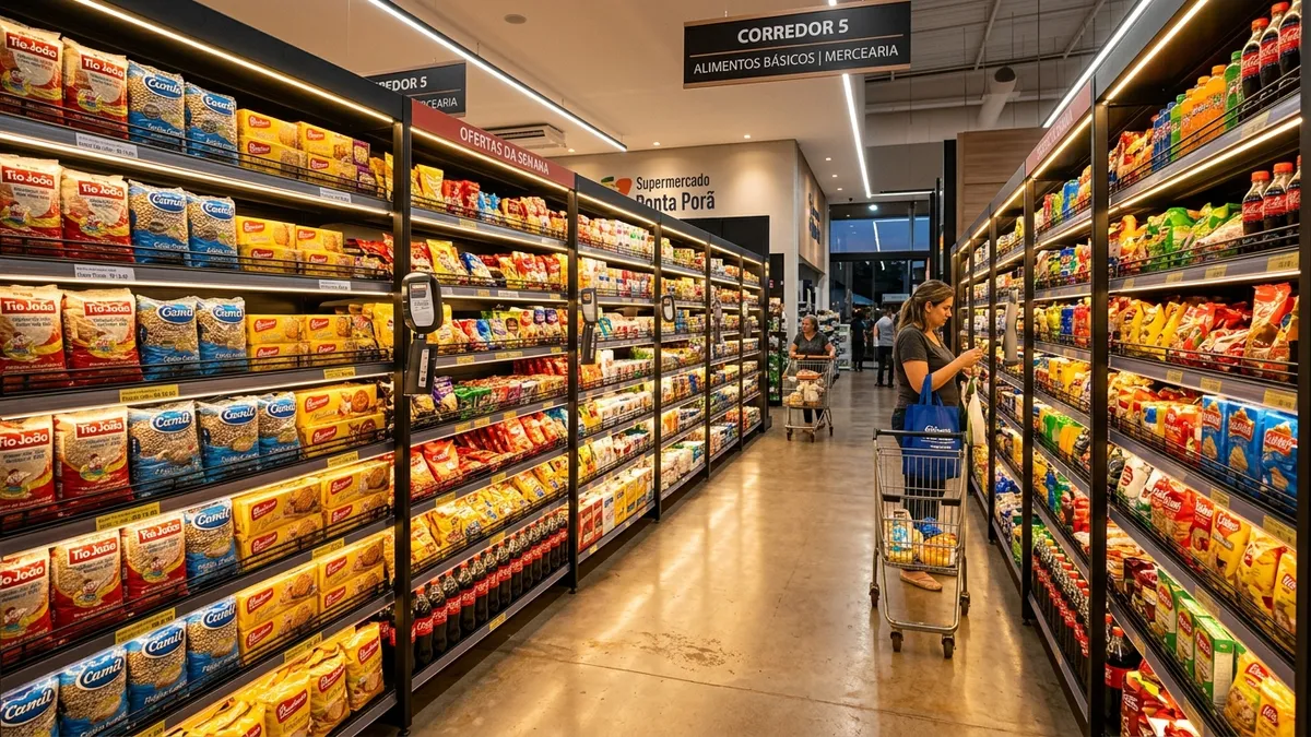 Corredor de supermercado moderno em Ponta Porã MS iluminado por fitas LED embutidas sob as prateleiras das gôndolas.
