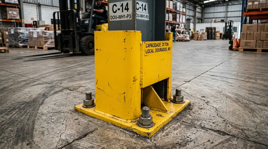 Protetor de impacto de coluna em aço estrutural amarelo ancorado com parabolt no piso de concreto de atacarejo em Dourados MS