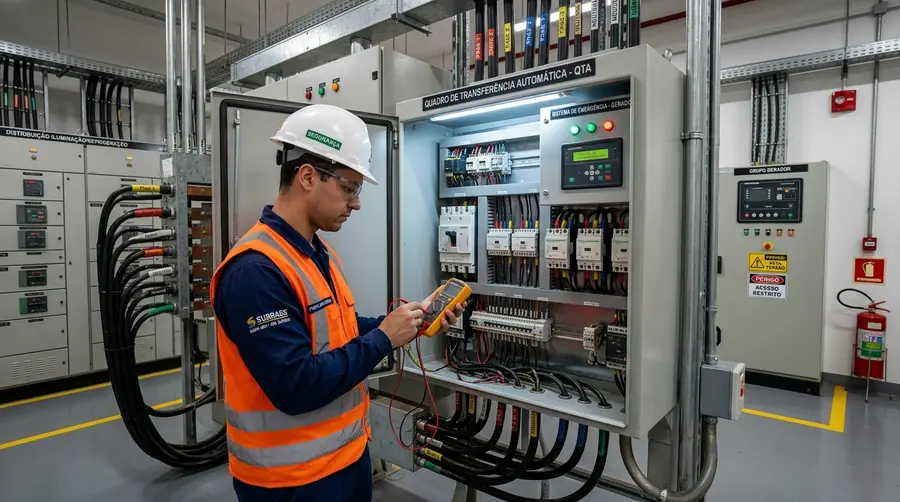 Engenheiro elétrico inspecionando Quadro de Transferência Automática QTA em supermercado de MS para acionamento de grupo gerador de emergência