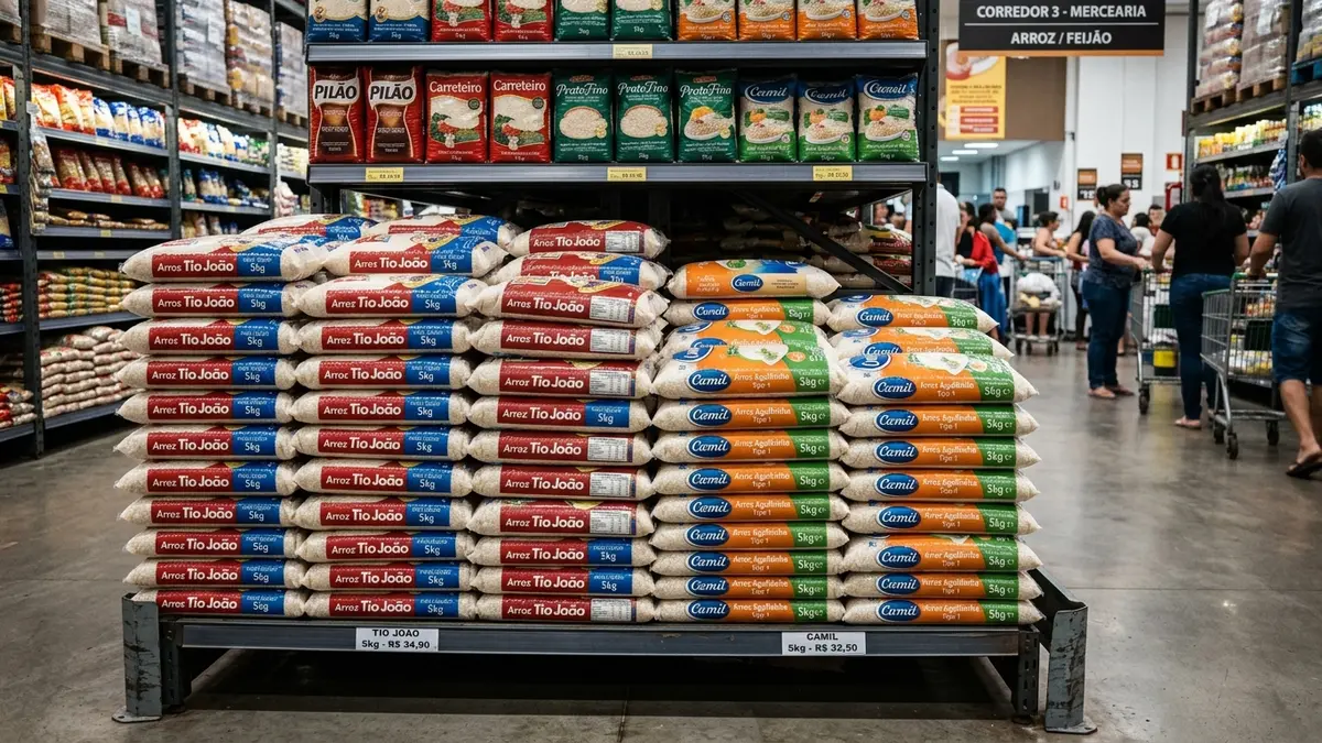 Fardos pesados de arroz de 5kg empilhados de forma alinhada na base de aço reforçada de gôndola comercial no MS.