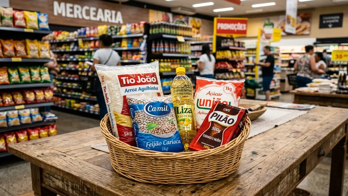 Uma cesta de vime cheia de alimentos básicos (arroz Tio João, feijão Camil, óleo Liza) sobre mesa de madeira em supermercado.
