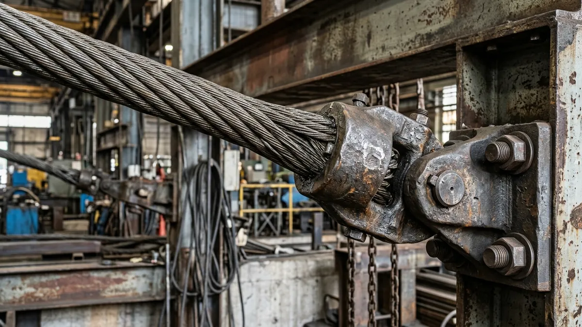 Um cabo de aço industrial pesado sob alta tensão mecânica esticado entre dois conectores metálicos de forja.