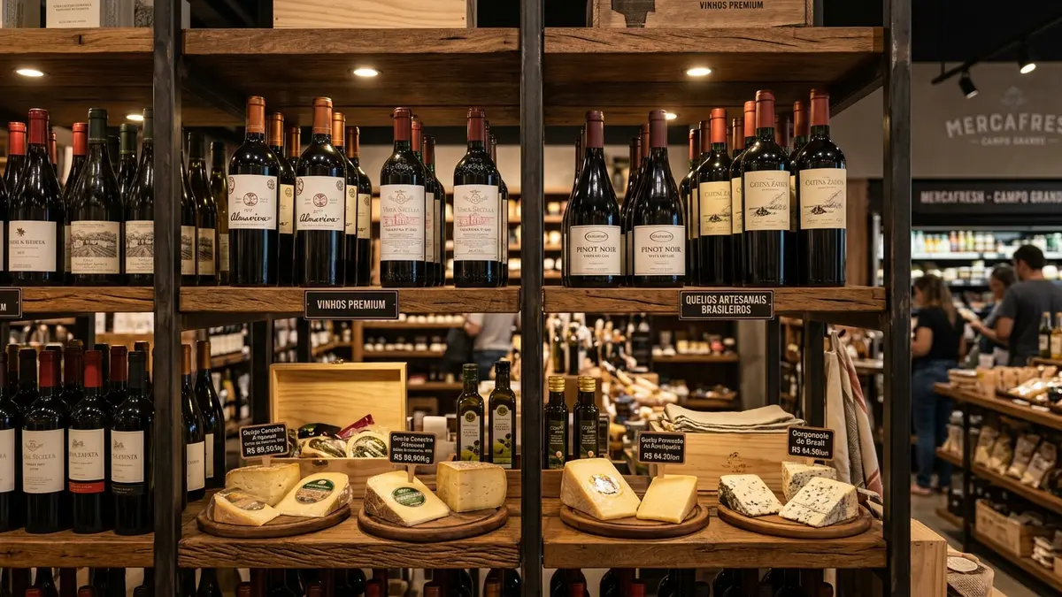Prateleiras especiais rústicas de madeira e metal preto exibindo vinhos e queijos finos sob iluminação LED em Campo Grande MS.