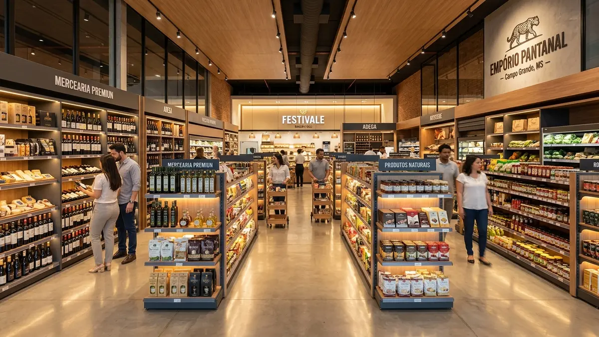 Expositor de supermercado moderno com iluminação LED quente em Campo Grande MS, mostrando organização cênica premium das prateleiras.