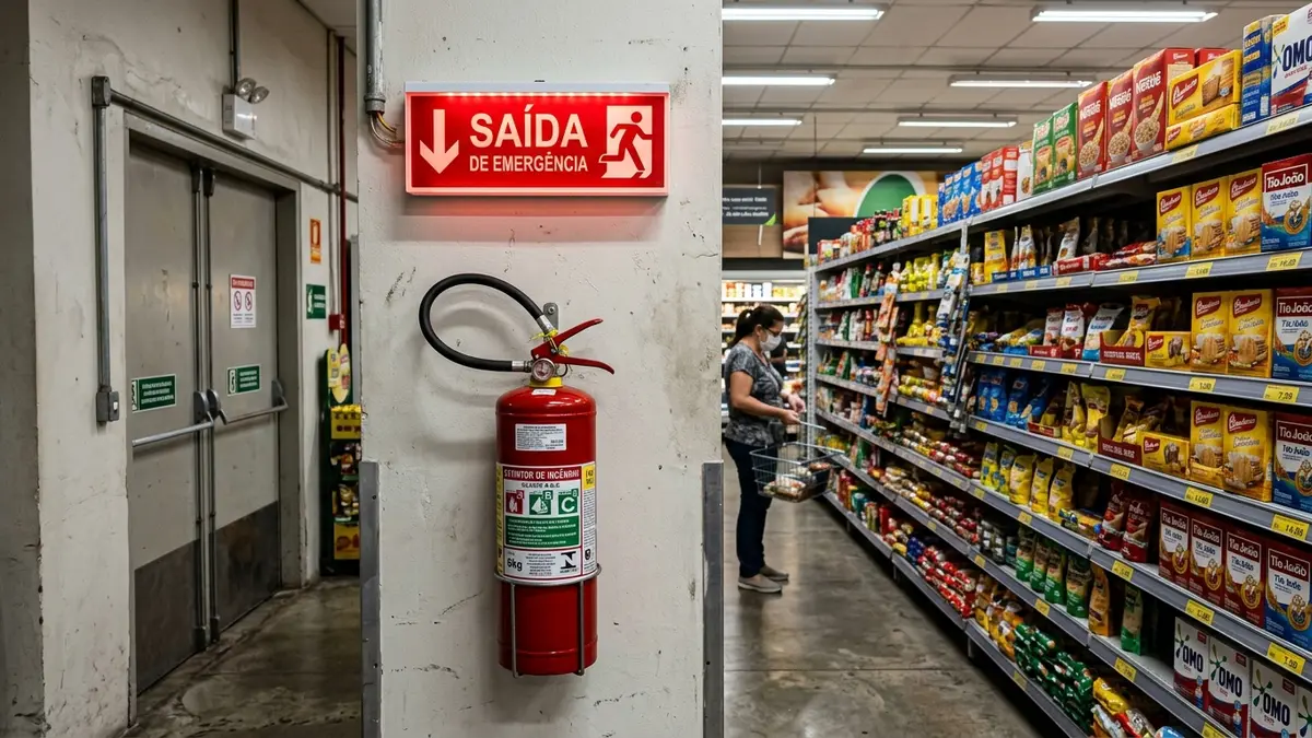 Placa vermelha de saída de emergência e extintor de incêndio ABC de 6kg ao lado de gôndolas em Campo Grande MS.