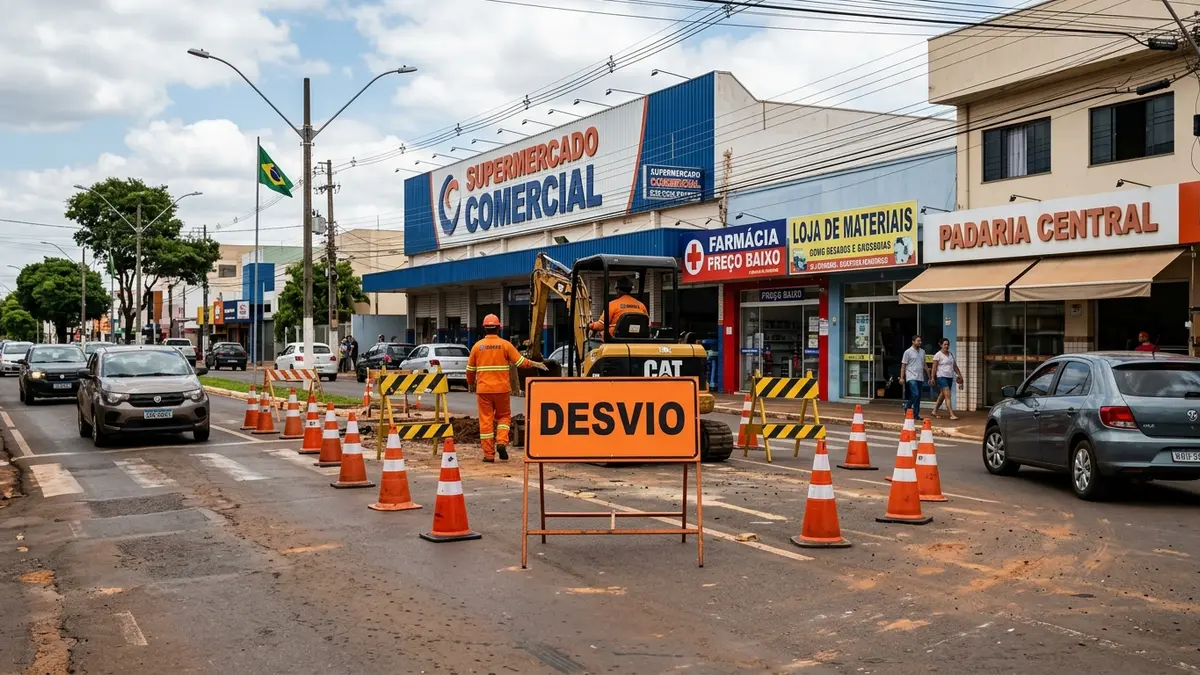 Obras de trânsito da Agetran com faixas e placas laranjas de desvio à direita e tráfego sob pôr do sol em Campo Grande MS.