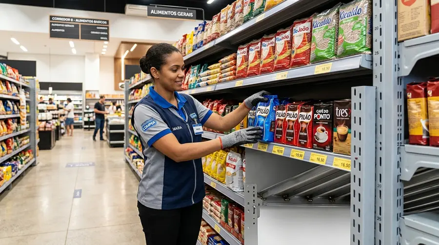 Corredor de supermercado em Campo Grande MS com repositor trabalhando na zona de alcance confortável de gôndola de aço ABNT NBR 14762 com corredor acessível de 1,20 m conforme ABNT NBR 9050