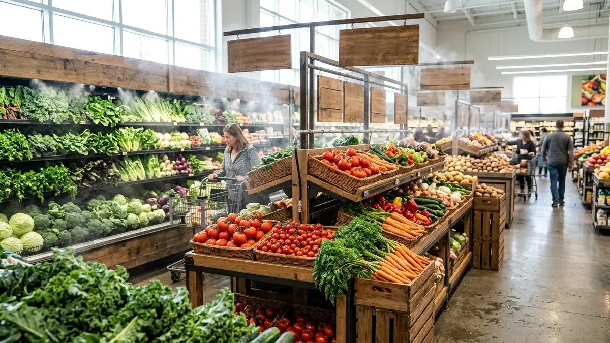 Corredor de hortifrúti em um supermercado em Corumbá MS, com prateleiras de aço galvanizado limpas repletas de legumes frescos.