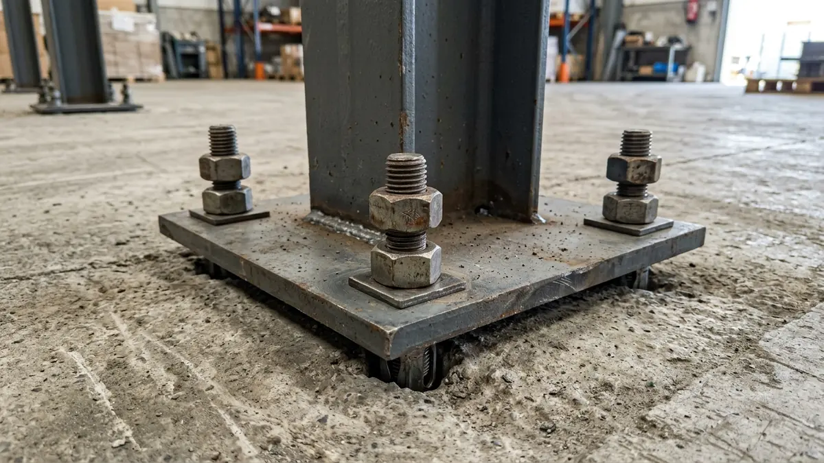 Detalhe aproximado de uma sapata metálica robusta chumbada diretamente no piso de concreto com parabolts de expansão mecânica zincados.