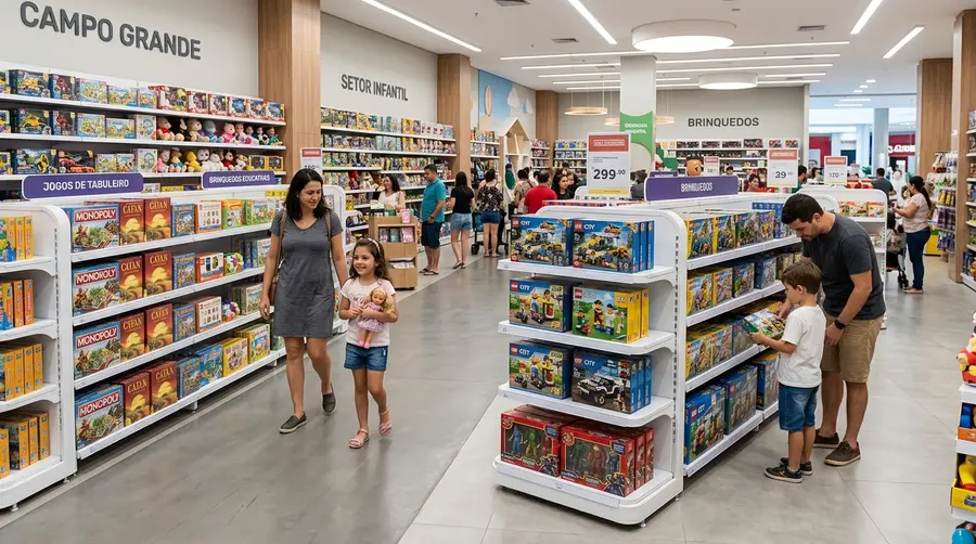 Loja de brinquedos moderna em Campo Grande MS com gôndolas brancas reforçadas e travadas com segurança anti-tombamento