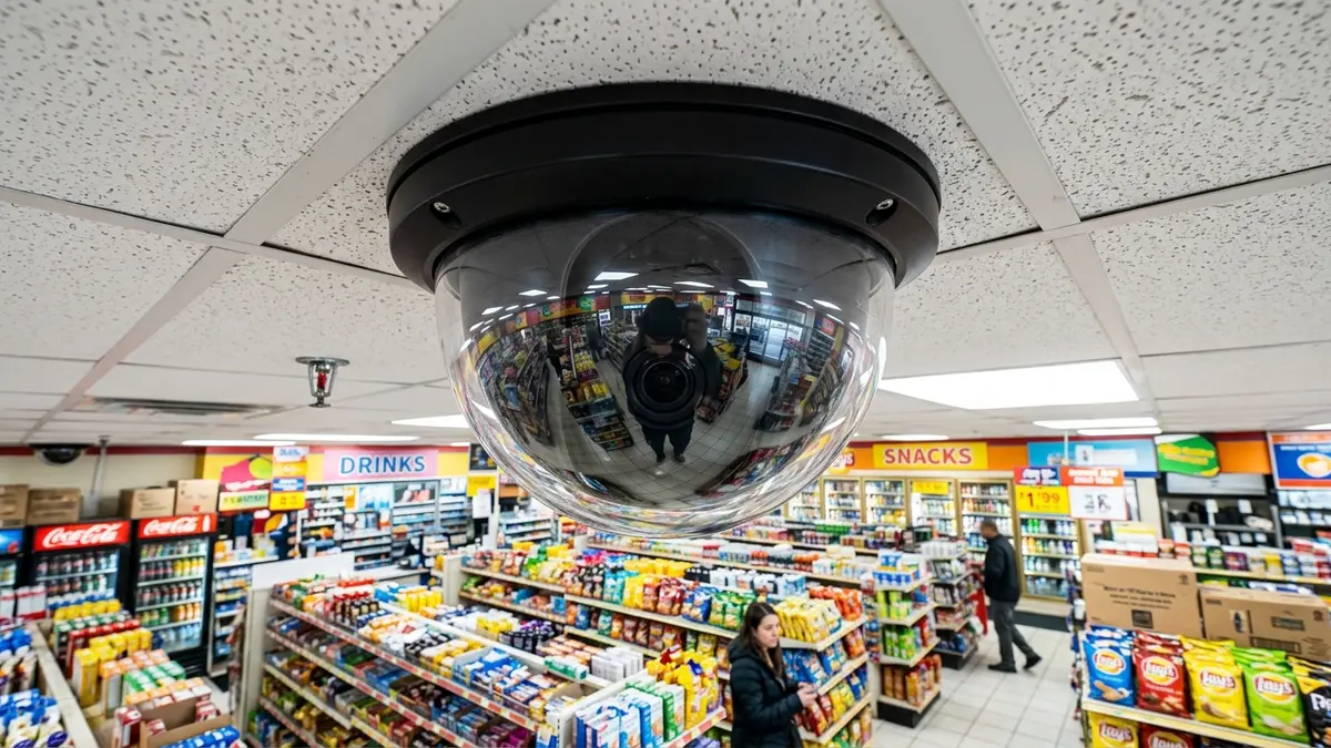 Cúpula de câmera de segurança dome refletindo os corredores organizados e gôndolas de conveniência.