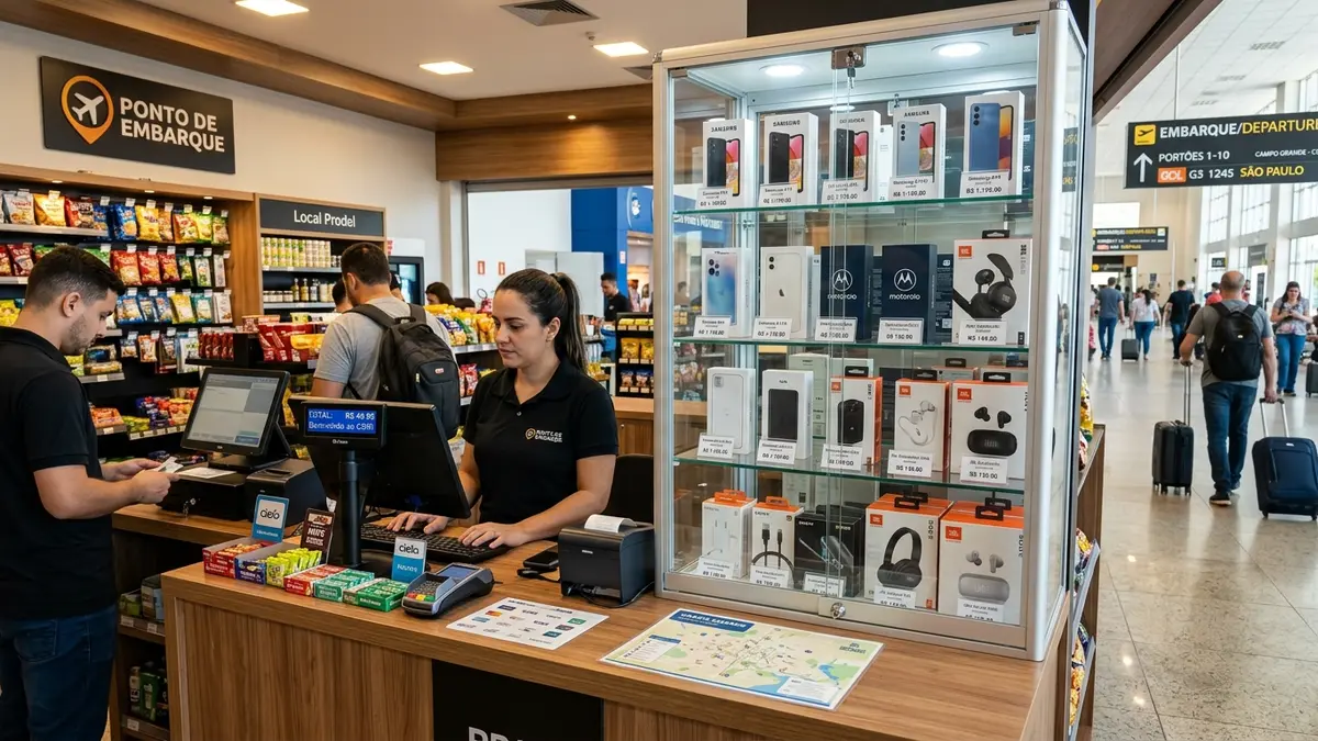 Área de checkout de conveniência com vitrine de vidro trancada exibindo produtos eletrônicos e doces.