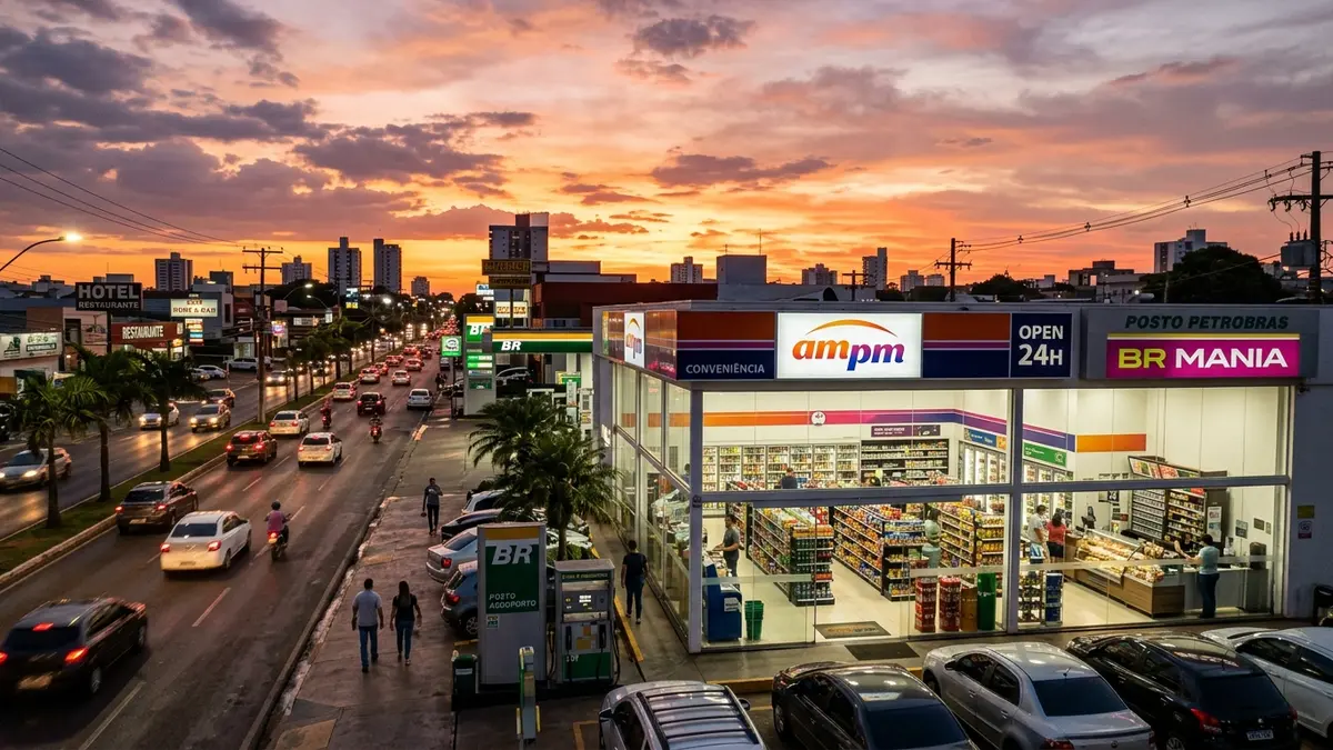 Fachada de loja de conveniência 24h iluminada ao entardecer perto do aeroporto de Campo Grande MS.