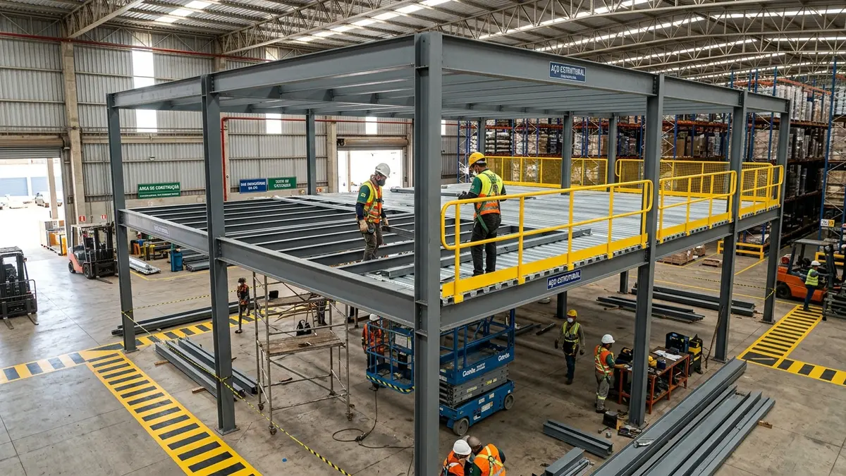 Mezanino industrial metálico robusto instalado dentro de um grande armazém no Polo Empresarial de Campo Grande MS, mostrando escadas de acesso e guarda-corpo perfeitamente sinalizados.