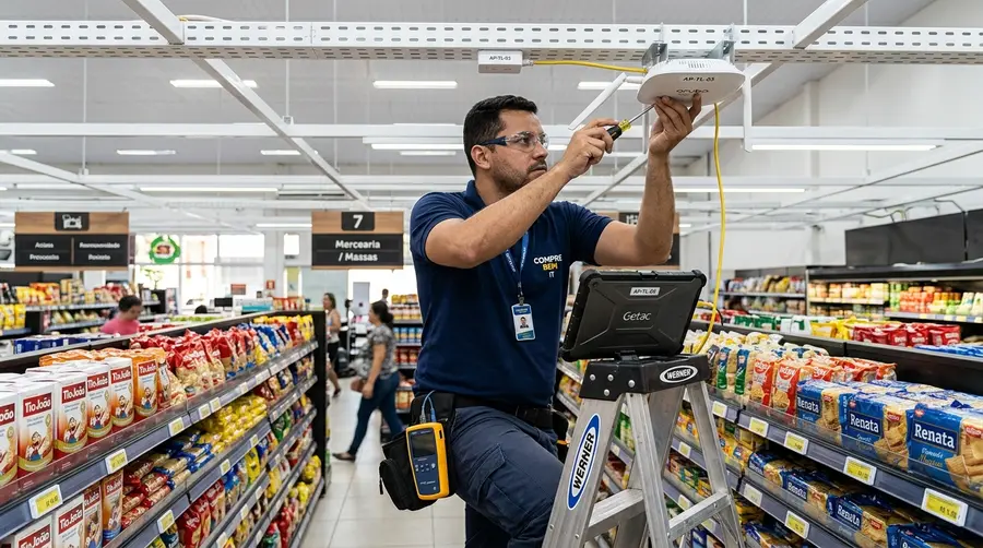 Técnico de TI ajustando antena de radiofrequência ESL instalada no teto sobre os corredores de gôndolas de supermercado em Três Lagoas MS