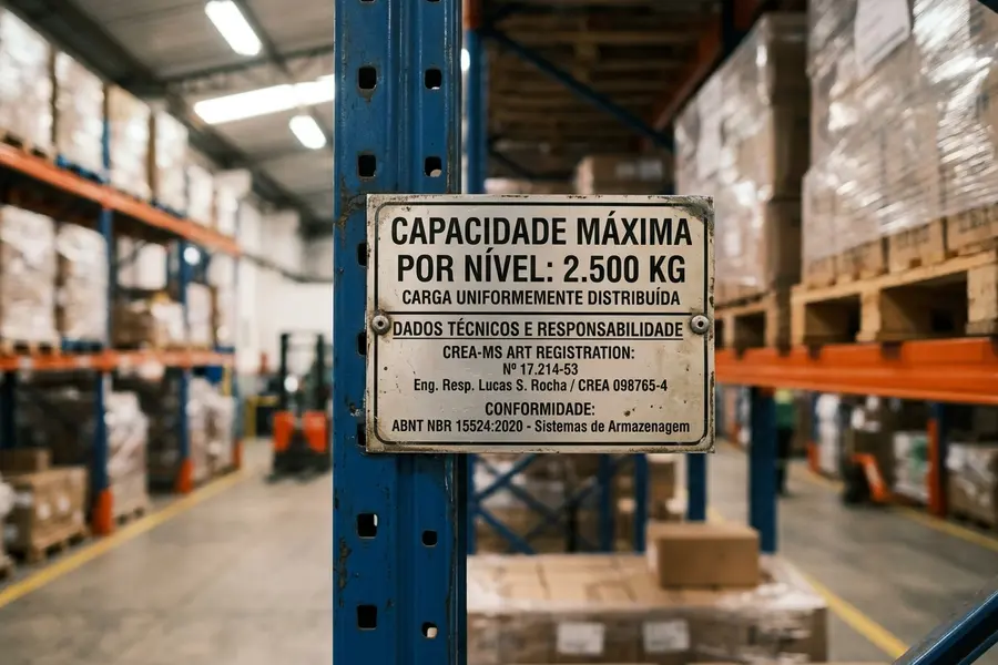 Placa metálica de sinalização técnica de capacidade máxima de carga em porta-paletes de supermercado em Três Lagoas MS com registro ART CREA-MS e norma ABNT NBR 15524