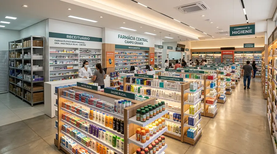 Salão de vendas e retaguarda de drogaria em Campo Grande MS com gôndolas metálicas modulares com iluminação LED e estantes de armazenamento regulamentadas