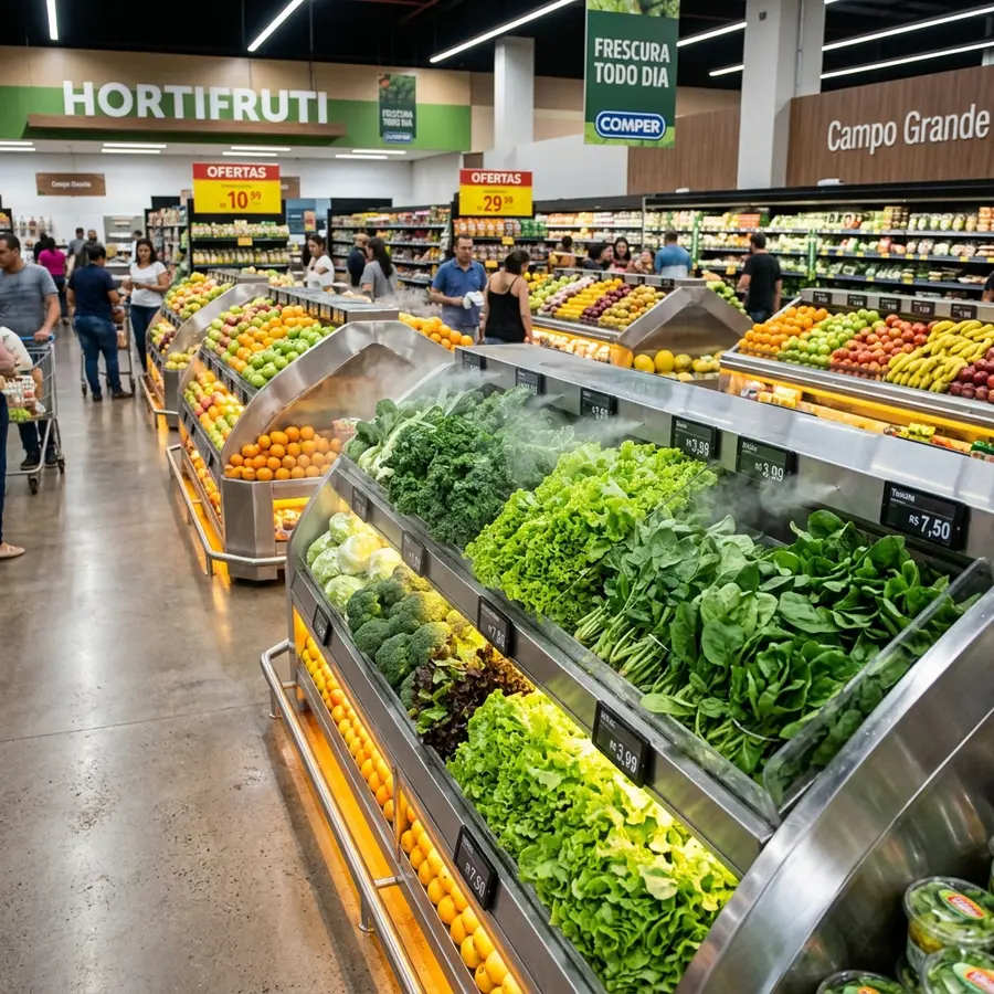 Visão ampla de setor de hortifrúti em supermercado de Campo Grande MS com bancadas de exposição em aço inox AISI 304, nebulização ultrassônica em folhosos e iluminação LED