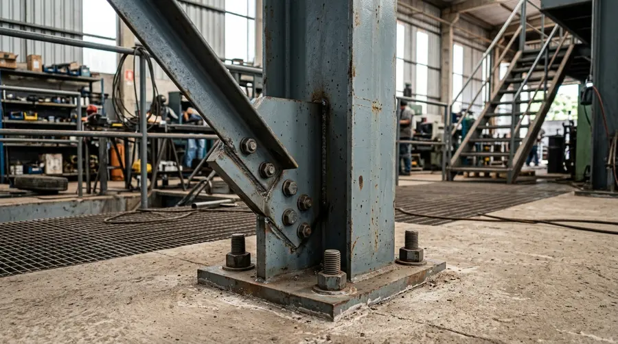 Detalhe de base de pilar e ligação contraventada em X com parafusos de alta resistência em mezanino metálico em Dourados MS