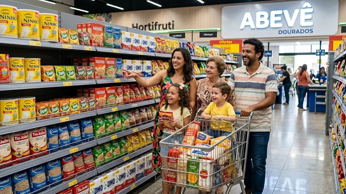 Família feliz com carrinho de compras em corredor moderno de gôndolas cinzas com o letreiro do Abevê Dourados ao fundo.