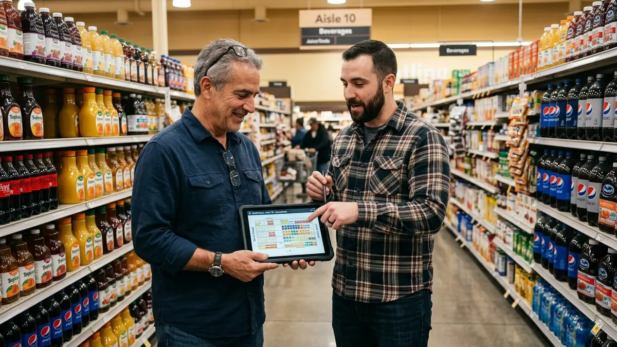 Pai e filho proprietários analisando o tablet com planograma colorido de gôndolas de bebidas em corredor de mercado.